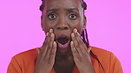 Black woman, wow face and surprise on studio, pink background and backdrop. Omg, portrait and shocked model with mouth open at news drama, emoji reaction and wtf anxiety of unexpected fear emotions