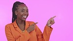 Black woman, studio and pointing at mockup space with hands, excited face and advertising by purple background. Corporate african executive, product placement and mock up with happiness in portrait