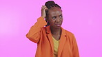 Confused, thinking and a black woman scratching her head in studio on a pink background feeling lost. Question, doubt and idea with an attractive young female looking thoughtful about a memory