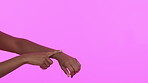 Hands, time and mockup with a black woman in studio on a pink background to gesture you're late on a watch. Schedule, clock and appointment with a female pointing at her wrist as a punctual reminder