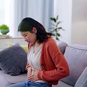 Belly Insecurity Pain, sick and woman feeling stomach for pregnancy, problem and ...