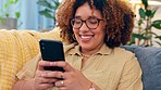 Funny, phone and black woman laughing on sofa for social media, text or meme in her home. Online, comic and girl relax with smartphone on couch, chatting or reading post or update in a living room