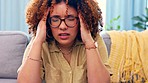 Black woman, headache and pain with stress and fatigue, medical emergency with tension and face with agony. Female with migraine at home, mental health problem and health, massage and burnout