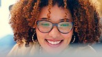 Black woman, face and computer screen, reading and smile, copywriter or editor working from home and editing. Research, analysis and online with digital document, employee and remote work with female