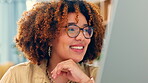 Black woman, face and computer, reading and smile, copywriter or editor working from home and editing. Research, analysis and online with screen or monitor, employee and remote work with female