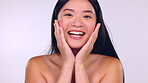 Face smile, skincare and beauty of Asian woman in studio isolated on a purple background. Portrait, makeup cosmetics and happy female model laughing with facial treatment for glowing and healthy skin
