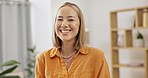 Portrait, woman and texting in living room, happy and laughing at social media, meme or post. Face, asian and girl relax with online browsing, streaming or communication, calm and content in her home