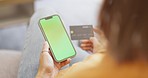 Top view, smartphone and woman with credit card, green screen and online payment in living room. Female, lady and cellphone for transactions, mockup and customer with budget, finance and banking app