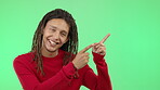 Face of young man pointing isolated on studio background or green screen for youth product placement mockup. Rasta model or person hands gesture to show mock up of sale, promotion and yes headshot