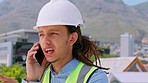 Phone call, engineering or architect in city on construction site planning or speaking of real estate building. Contractor,  explain or black man working on renovation business in project management