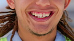 Man, smile and mouth with teeth for dental care, hygiene and cleaning results closeup outdoor. Face of a model person teeth and happy mood for veneers whitening, dentist and health insurance
