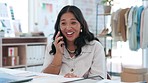 Phone call, excited and business woman talking at desk for networking, client connection and contact. Fashion designer, communication and female worker on smartphone with success, victory and winner