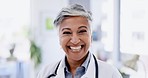 Face, senior woman or doctor with healthcare, smile or innovation for diagnosis, medicine or confidence. Portrait, happy female employee or medical professional with happiness or surgeon with success