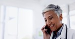 Senior woman, doctor phone call and medical communication in a hospital and healthcare clinic. Happiness, smile and conversation of a wellness worker with mockup in a doctors office for work