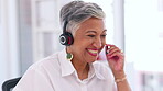 Laughing business woman, laptop or call center headset in CRM joke, customer support comedy or sales joke. Smile, happy or mature receptionist on technology for funny telemarketing or client rapport