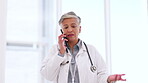 Mature, doctor and phone call in hospital networking, telehealth treatment help or healthcare wellness support. Talking, medical and worker woman on mobile communication technology for life insurance