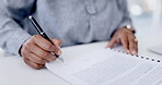 Woman, hands and pen signing contract, writing or reading legal document for recruitment or application on office desk. Hand of female employee or applicant filling form with signature for approval