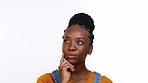 Thinking, confused and portrait of a black woman with an idea isolated on a white background. Planning, strategy and African girl with doubt about a solution, inspiration and wondering about a plan