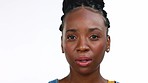 Black woman, face and crying with mental health and depression isolated on white background. Sad, pain with grief and loss, mockup and upset female with emotion, portrait and depressed with stress