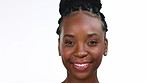 Face, smile and laughter with a black woman in studio isolated on a white background for fun or humor. Portrait, happy and laughing with an attractive young female enjoying a joke or funny meme