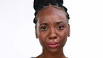 Black woman, face and crying and sad with depression isolated on white background. Mental health, pain with grief and loss, mockup and upset female with emotion, portrait and depressed with stress