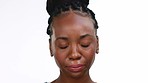 Black woman, face and crying with mental health and depressed isolated on white background. Sad, pain with grief and loss, mockup and upset female with emotion, portrait and depression with stress