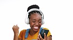 Winner, celebration and black woman dance with phone on white background with victory, bonus and success. Wow, surprise and excited girl with smartphone for good news, headphones and winning online