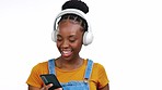 Black woman listening to music with headphones, smartphone and dancing isolated on white background. Happy female, radio streaming with fun and enjoy playlist with audio subscription and mockup