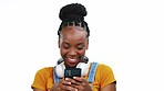 Black woman, studio and texting with phone, smile and flirt for online dating, social media app and isolated. Happy gen z girl, smartphone chat and communication on internet ux by white background