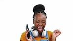 Headphones, smartphone and black woman excited, success and achievement with girl isolated on white studio background. African American female, lady and student with headset, cellphone and happiness