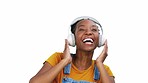 Excited, black woman and headphones for streaming music, dance and girl isolated on white studio background. African American female, lady and headset for sounds, audio and motivation with happiness