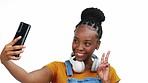 Black woman, studio selfie and phone with peace, smile or headphones by white background for fashion. Gen z student girl, smartphone and influencer with isolated profile picture on social network app