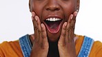 Surprise, wow and open mouth of black woman with hands on face for news, announcement and information. Success, shock mockup and zoom of girl with excited, crazy and comic expression for omg reaction