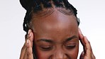 Closeup, headache and black woman with stress, burnout and health against a grey studio background. Zoom, African American female and girl with migraine, fatigue and frustrated with tension or strain