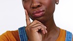 Thinking, wow and lightbulb moment with a black woman in studio isolated on a white background. Hand, idea and breakthrough with an african female feeling excited while contemplating a thought