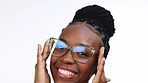 Black woman, vision and glasses, face and fashion, designer frame and fun, prescription lens isolated on white background. Happy female, laugh and pose in portrait with optometry, style and eye care