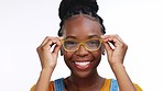 Face, black woman and glasses for clear vision, excited and happy girl isolated on white studio background. Portrait, African American female and lady with eyewear, smart or confident with spectacles