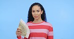 Portrait, black woman and money fan, euros in mockup, savings and profit for startup loan isolated on blue background. Cash, budget and prize, success in financial freedom in studio space with bonus