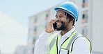 Black man, architect and phone call for communication in city explaining construction or building plan at site. Happy African male contractor talking on smartphone in conversation for industrial work