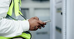 Black man, hands and phone of contractor in communication with smile for planning or social media. Happy African American male engineer smiling and texting on smartphone in electrical control room