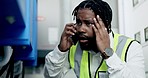 Black man, engineer and phone call for troubleshooting, mistake or problem solving in conversation at site. Confused African American male technician talking on smartphone in electrical control room