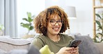 Face, black woman on couch and smartphone with smile, connection and communication in living room. Portrait, Jamaican female and lady with cellphone, happiness and online reading with social media