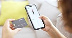 Hands, smartphone and credit card for online shopping, girl and makeup choice on web store in lounge. Black woman, phone and e commerce ux for cosmetics, retail product or payment in home living room