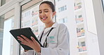 Tablet, hospital and happy woman doctor with healthcare application, telehealth update or clinic data research. Young medical professional or female nurse on digital technology results in internship