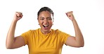 Woman, face and fist pump, cheers and applause for success, happiness and excited about win isolated on white background. Happy female, winner and reward with bonus, celebration and achievement