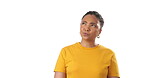 Thinking, mockup and nodding with a black woman in studio isolated on a white background for contemplation. Idea, mock up and agreement with an attractive young female contemplating for inspiration