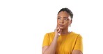 Thinking, mockup and woman by a wall in a isolated studio with white background. Vision, ideas and mock up space for advertisement with a hispanic young person with an idea with contemplation