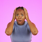 Face, fear and worried with a black woman in studio isolated on a