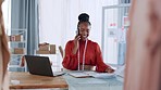 Phone call, fashion designer and black woman doing networking and work communication. Creative studio, computer and textile construction worker working of clothing designs in a office for project