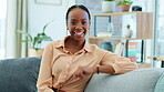 Relax black woman, laughing or portrait on sofa in house as homeowner, real estate investor or mortgage loan buyer. Smile, happy or funny person on living room couch or apartment property furniture